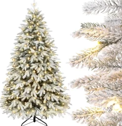 Zilverspar Kunstkerstbomen^Edelspar Kunstkerstboom Met Sneeuw En Warmwitte Verlichting 210Cm - Kerstboom Met Witte Sneeuw En Led Lampjes - Kunstboom - Brandwerend - Kunstboom - Kerstversiering - Kerstboomverlichting - Kerstboomstandaard - Kerstboom Met Led