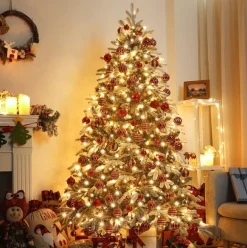 Zilverspar Kunstkerstbomen^Edelspar Kunstkerstboom Met Sneeuw En Warmwitte Verlichting 210Cm - Kerstboom Met Witte Sneeuw En Led Lampjes - Kunstboom - Brandwerend - Kunstboom - Kerstversiering - Kerstboomverlichting - Kerstboomstandaard - Kerstboom Met Led