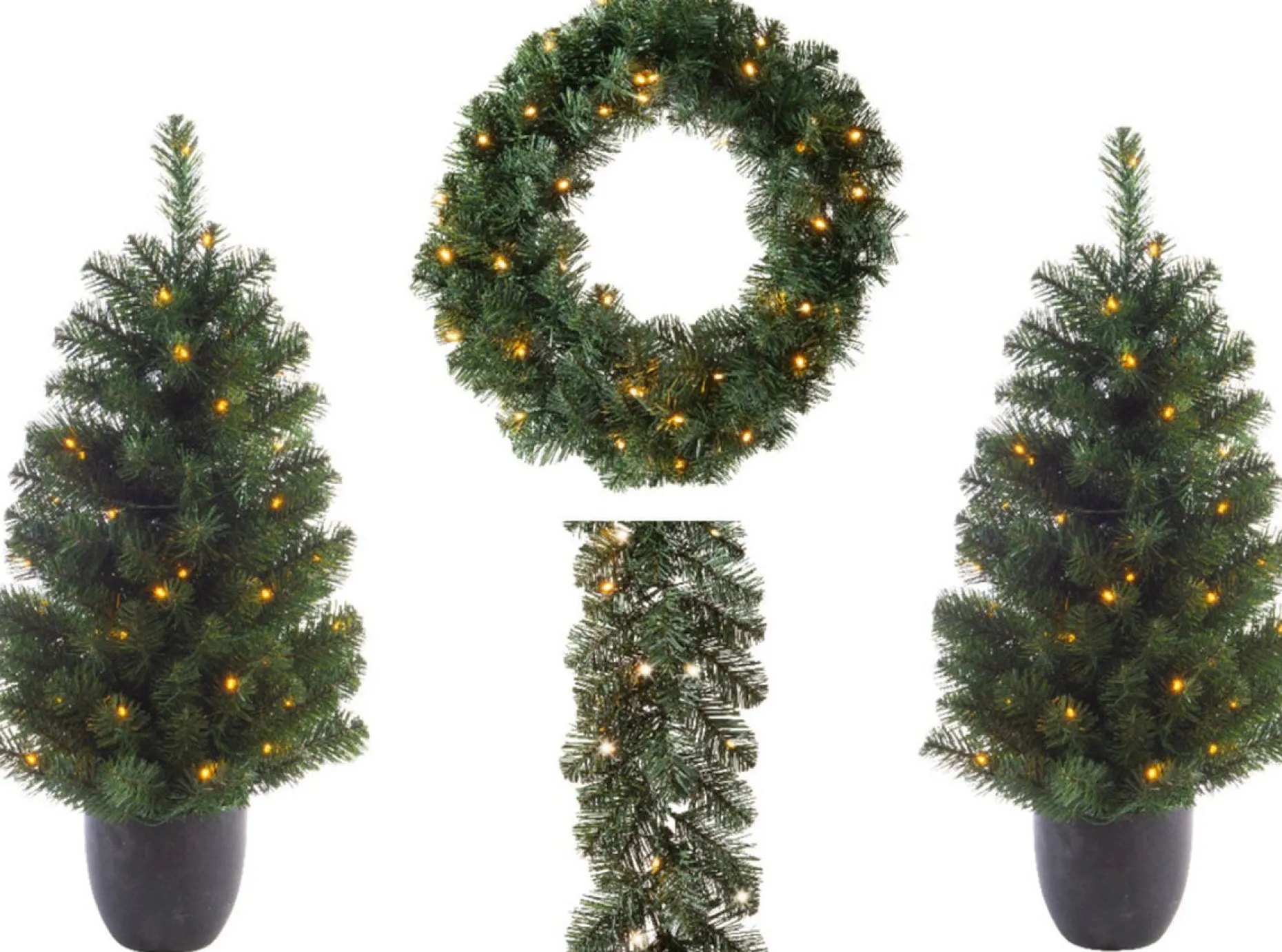 Everlands Kunstkerstbomen^ Kerstboom-Kerstkrans-Dennenslinger Set - Met Licht