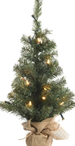 Everlands Kunstkerstbomen^ Mini Kunstkerstboom - 60 Cm Hoog - In Jute Zak - Met Verlichting