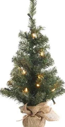 Everlands Kunstkerstbomen^ Mini Kunstkerstboom - 60 Cm Hoog - In Jute Zak - Met Verlichting