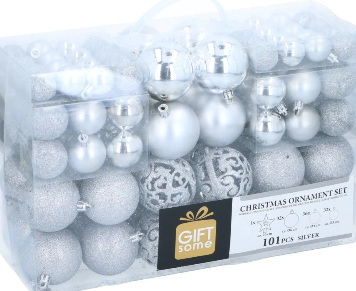 Gifts@Home Giftsome Kerstballen Set - Plastic Kerstballen - Incl. Piek - O 3/4/6 Cm - Kerstversiering Kerstboom - 101 Stuks: Mat, Glanzend, Glitter En Open - Zilver Store