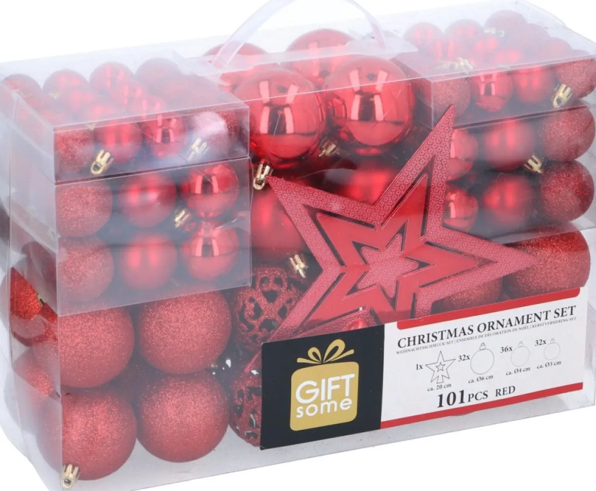 Gifts@Home Giftsome Kerstballen Set - Plastic Kerstballen - Incl. Piek - O 3/4/6 Cm - Kerstversiering Kerstboom - 101 Stuks: Mat, Glanzend, Glitter En Open - Rood Hot