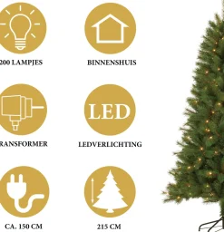 Giftsome Kunstkerstbomen^ Kunstkerstboom Met Verlichting - Kerstboom Met Led Verlichting - Opvouwbare Takken - Warm Wit Licht - 215 Cm - Lichtboom 200 Led Lampjes - Boom Voor Binnen - Groen