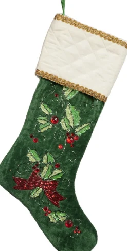 Goodwill Groene Christmas Stocking Met Hulstblaadjes En Rode Besjes Van - Decoratie Kerstsok Cheap