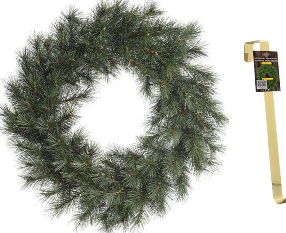 Decoris Groene Kerstkrans 60 Cm Malmo Met Gouden Hanger - Kerstversiering/Kerstdecoratie Kransen Best Sale