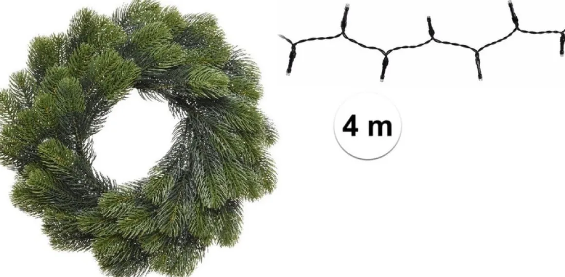 Decoris Groene Kerstkrans/Dennenkrans/Deurkrans 50 Cm Inclusief Helder Witte Verlichting Best