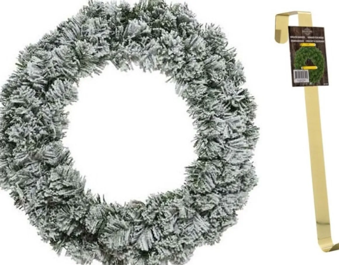 Decoris Groen/Witte Kerstkrans 40 Cm Imperial Met Kunstsneeuw En Met Gouden Hanger - Kerstversiering/Kerstdecoratie Kransen Cheap