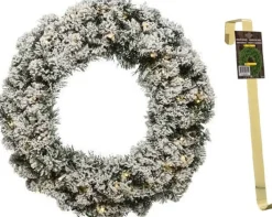 Decoris Groen/Witte Led Kerstkrans 60 Cm Imperial Met Kunstsneeuw En Met Gouden Hanger - Kerstversiering/Kerstdecoratie Kransen Cheap