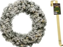 Decoris Groen/Witte Led Kerstkrans 50 Cm Imperial Met Kunstsneeuw En Met Gouden Hanger - Kerstversiering/Kerstdecoratie Kransen New
