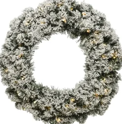 Decoris Groen/Witte Led Kerstkrans 50 Cm Imperial Met Kunstsneeuw En Met Gouden Hanger - Kerstversiering/Kerstdecoratie Kransen New