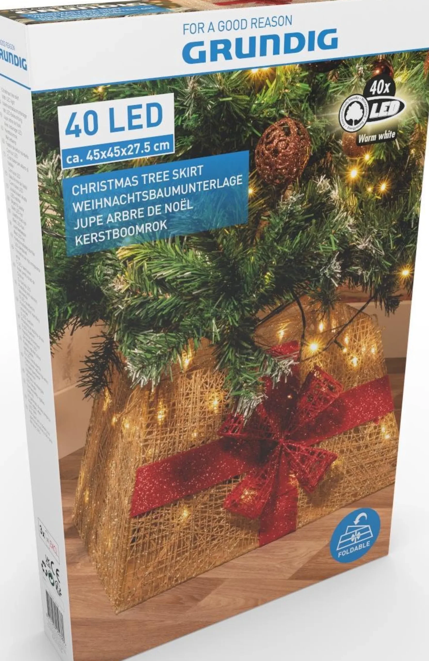 Grundig Kerstboomstandaarden^ Kerstboomrok - Met Kerstverlichting: 40X Led - Opvouwbaar - 45 X 45 X 27,5 Cm