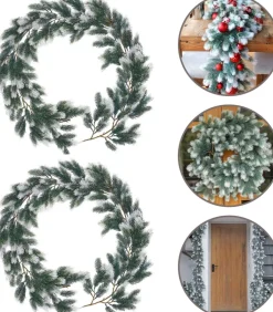 Trend24 Guirlande - Kerst Guirlande - Kerstguirlande - Kerstslinger - Deurkrans - Dennenslinger - Kerstslinger - Dennentak - 180 Cm (360 Cm Samen) - Groen - Wit - 2 Stuks New