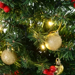Homcom Kunstkerstbomen^ Kerstboom Met Hulstbessen, Ballen En Led-Verlichting Kerstboom Groen 830-257