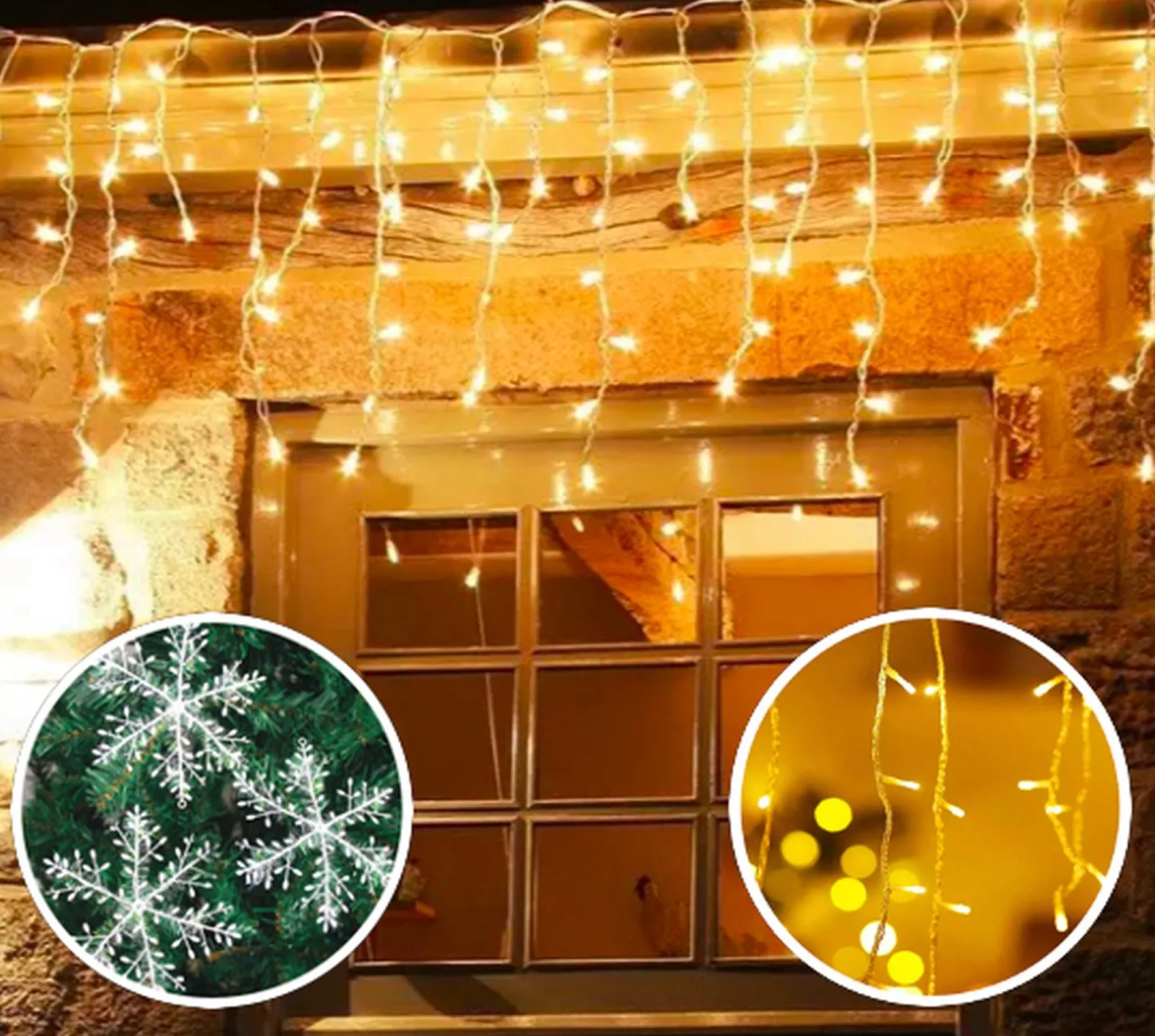 X-mas Shine Lichtgordijnen^Ijspegel Verlichting Buiten - Ijspegel Kerstverlichting - Warm Wit - 4 Meter - 100 Led-Lampjes - Koppelbaar - Incl. Kerstboom Sneeuwvlokjes