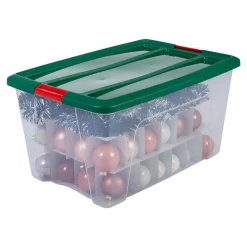 IRIS Kerstspullen Opbergers^ Kerstballen Box - 45 L - Kunststof - Transparant/Groen/Rood - 2 Stuks - Inclusief Inlay Voor 48 Kerstballen