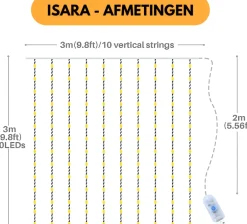 Isara Lichtgordijnen^ 3X3 Meter Kerst Lichtgordijn - 300 Led's Met Afstandsbediening - Gele Sfeerverlichting - Usb-Aangedreven - Voor Binnen - Complete Handleiding - Perfect Voor Kerstdecoratie - Led Lichtsnoer
