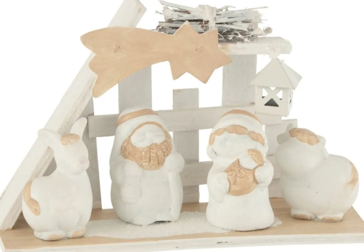 J-Line Kerststal Hout/Poly Wit/Beige Small Hot
