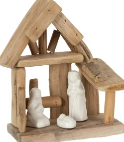J-Line Kerststal Huis Hout/Keramiek Naturel/Wit Flash Sale