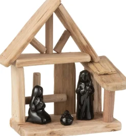 J-Line Kerststal Huis Hout/Keramiek Naturel/Zwart Best Sale