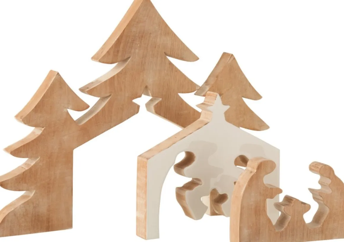 J-Line Kerststal+Kerstbomen Puzzle Mango Hout Wit/White Wash Flash Sale