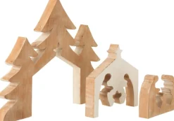 J-Line Kerststal+Kerstbomen Puzzle Mango Hout Wit/White Wash Flash Sale