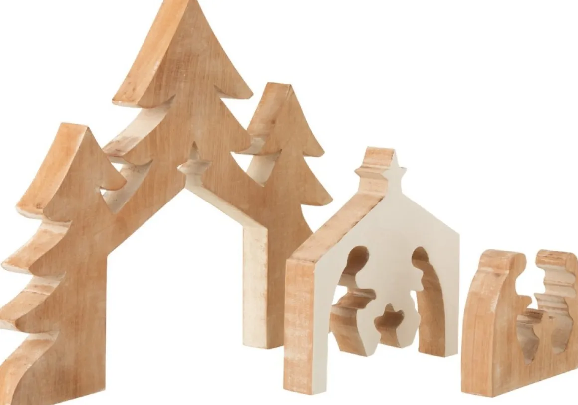 J-Line Kerststal+Kerstbomen Puzzle Mango Hout Wit/White Wash Flash Sale