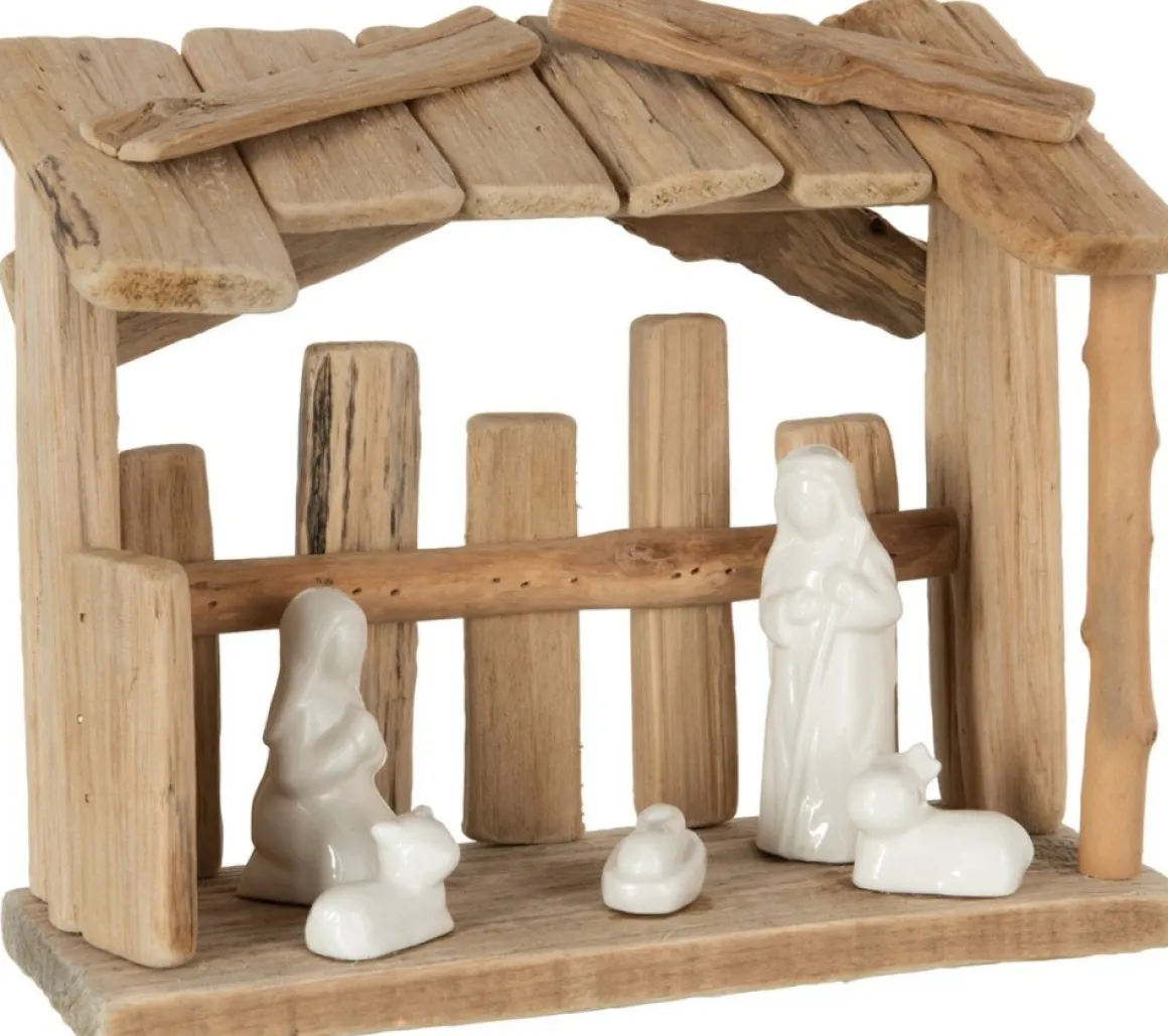 J-Line Kerststal Plat Dak Hout/Keramiek Naturel/Wit Online