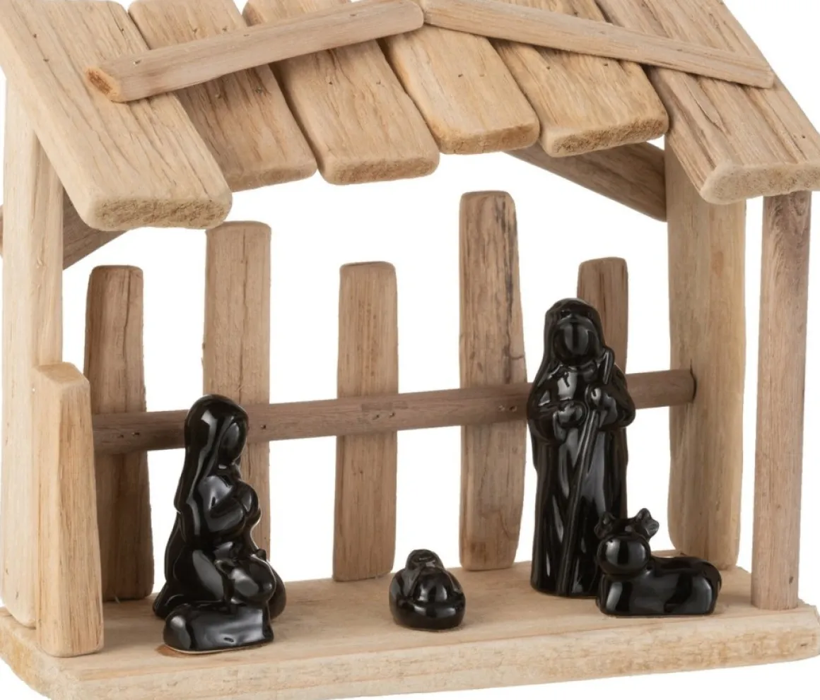 J-Line Kerststal Plat Dak Hout/Keramiek Naturel/Zwart Hot