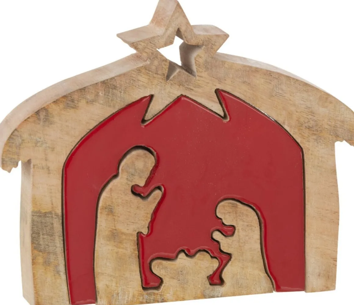 J-Line Puzzel Kerststal Mango Hout Rood S Flash Sale