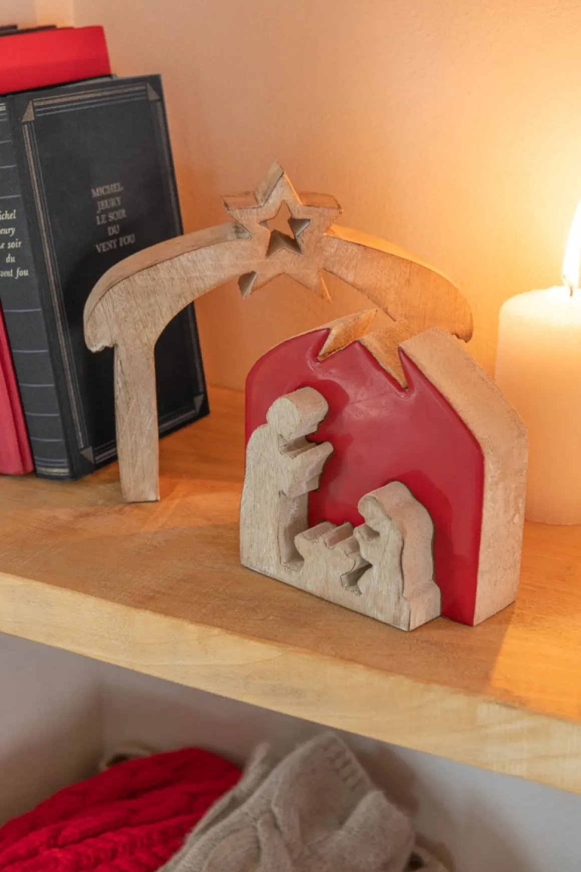 J-Line Puzzel Kerststal Mango Hout Rood S Flash Sale