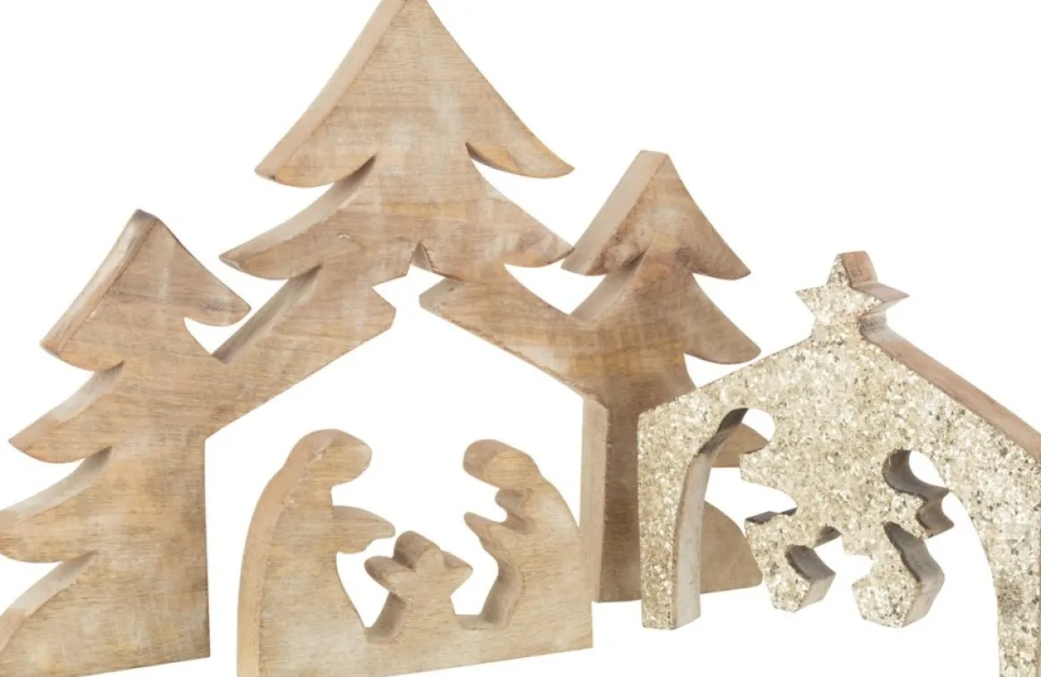 J-Line Puzzel Kerststal Mango Hout Glitter L Discount