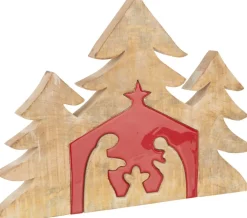 J-Line Puzzel Kerststal Mango Hout Rood L Best