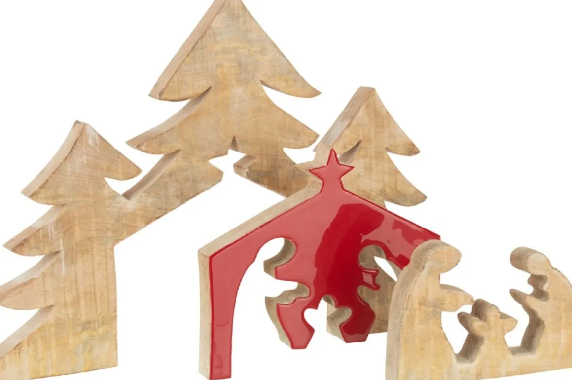 J-Line Puzzel Kerststal Mango Hout Rood L Best