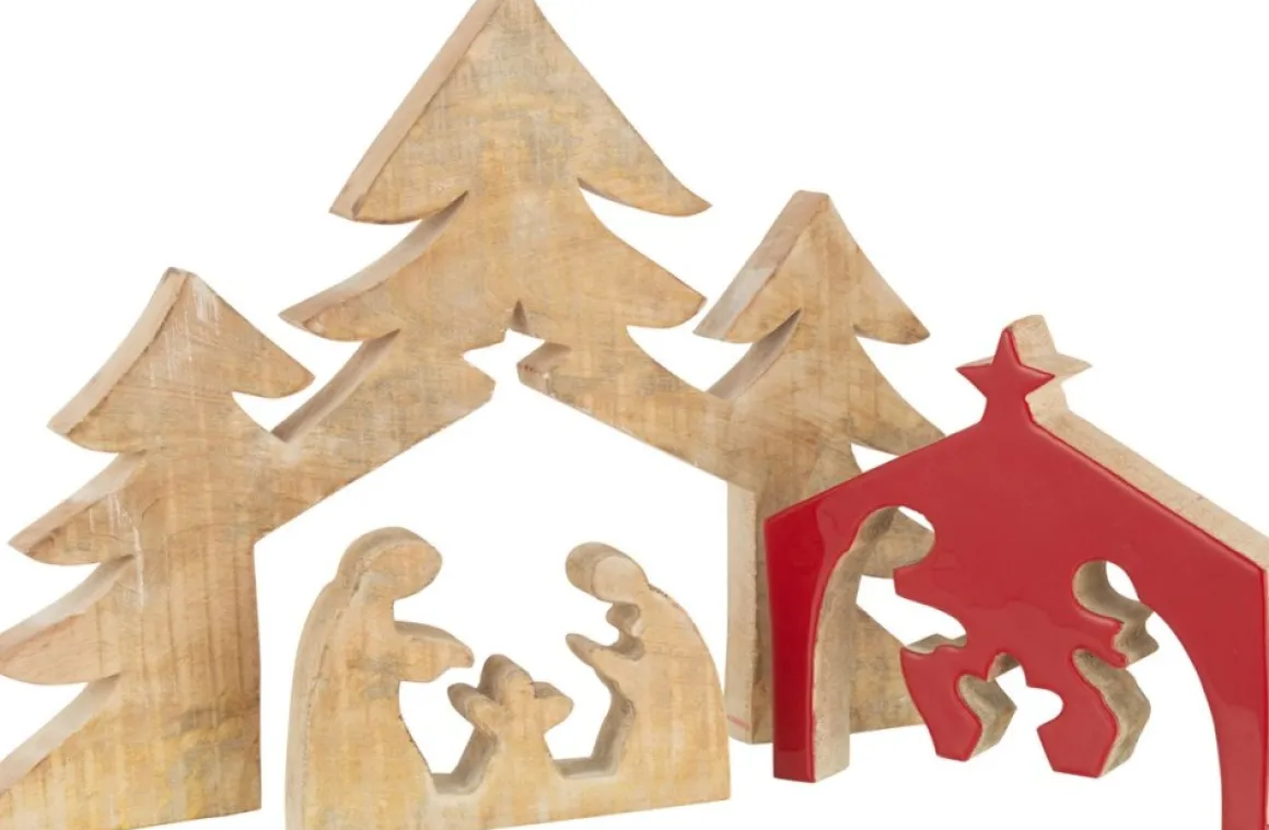 J-Line Puzzel Kerststal Mango Hout Rood L Best