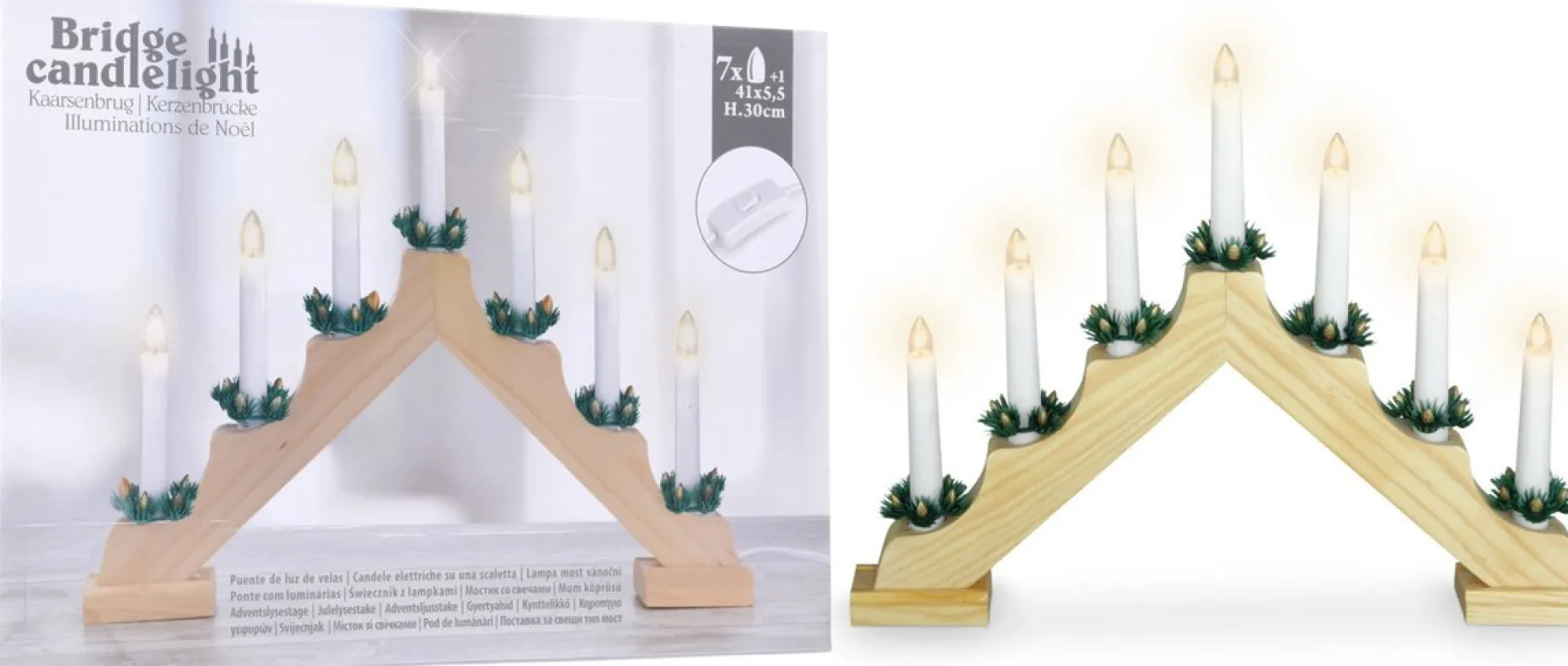 Merkloos Verlichte Kerstfiguren^Kaarsenbrug Met 7 Lampen - Hout