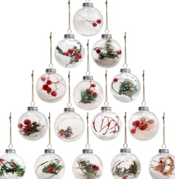 BELLE VOUS Kerstballen - Duidelijke Vintage Voorgevulde Versierde Ronde Transparante Plastic Kerstbal Ornamenten Voor Vakantie Decor, Bruiloft Decoratie, Hangende Boom Ornamenten Met Jute Touw (15 Stuks) Cheap