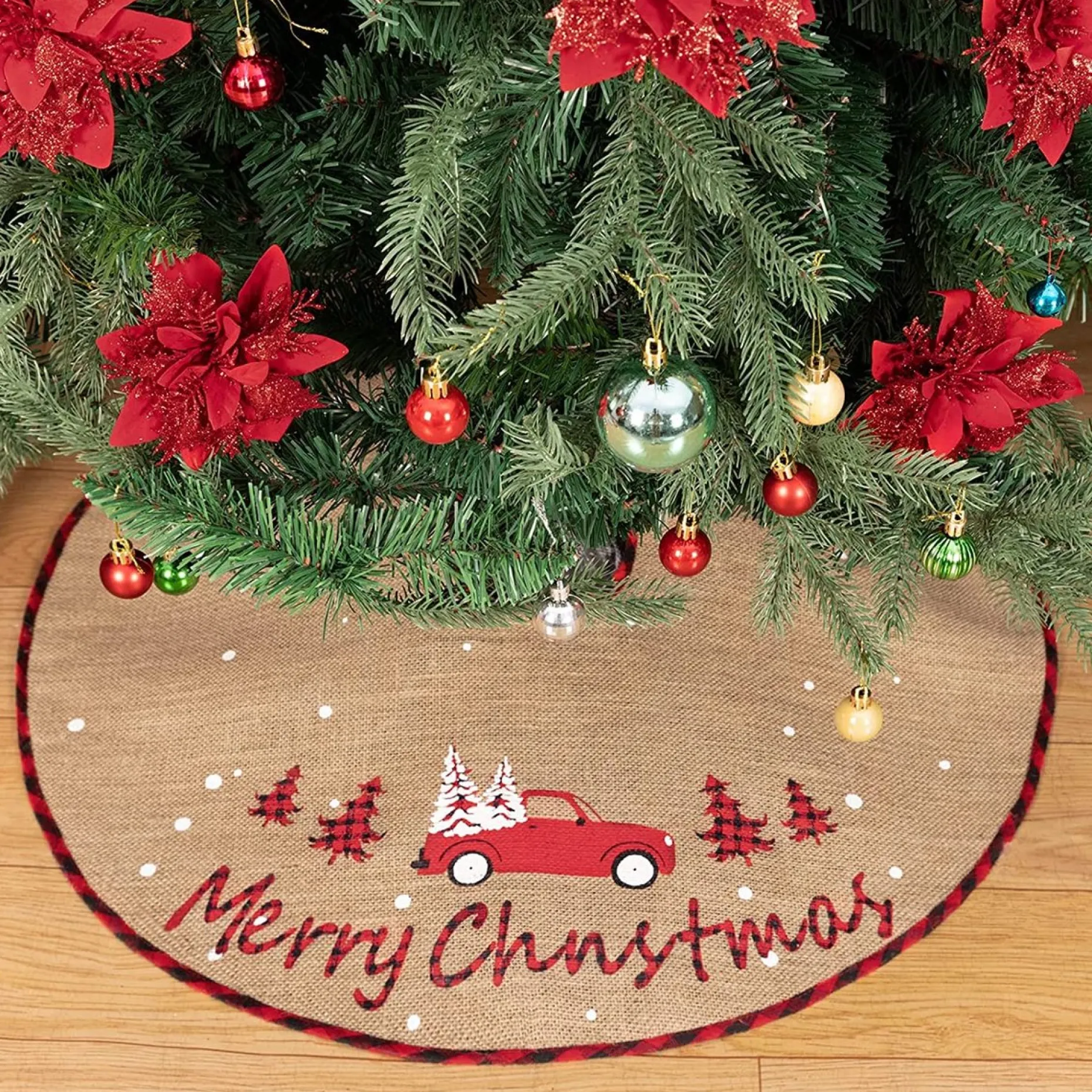 Selwo Kerstboomstandaarden^Kerstboomdeken 75 Cm Jute Witte Sneeuwvlok Auto Bedrukte Kerstboom Rok Voor Vakantie Vloer Kerstboom Decoratie