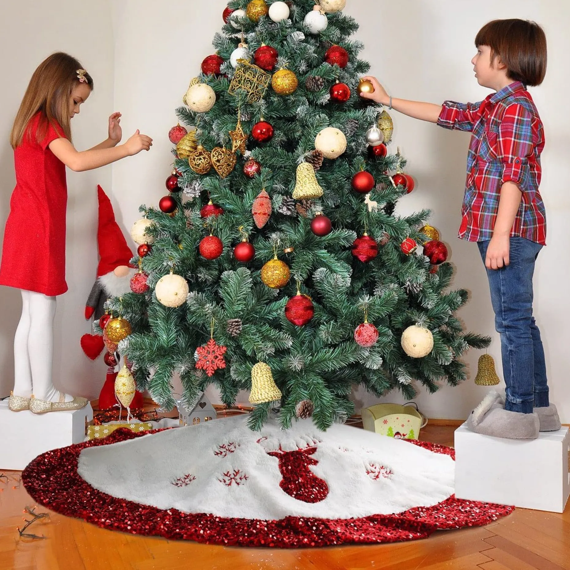 Selwo Kerstboomstandaarden^Kerstboomdeken, Kerstboomdeken, 90 Cm, Kerstboomdeken, Rond, Kunstbont Met Pailletten, Boomdeken, Kerstrok, Onderkleed, Kerstdecoratie, Voor Binnen, Wit/Rood