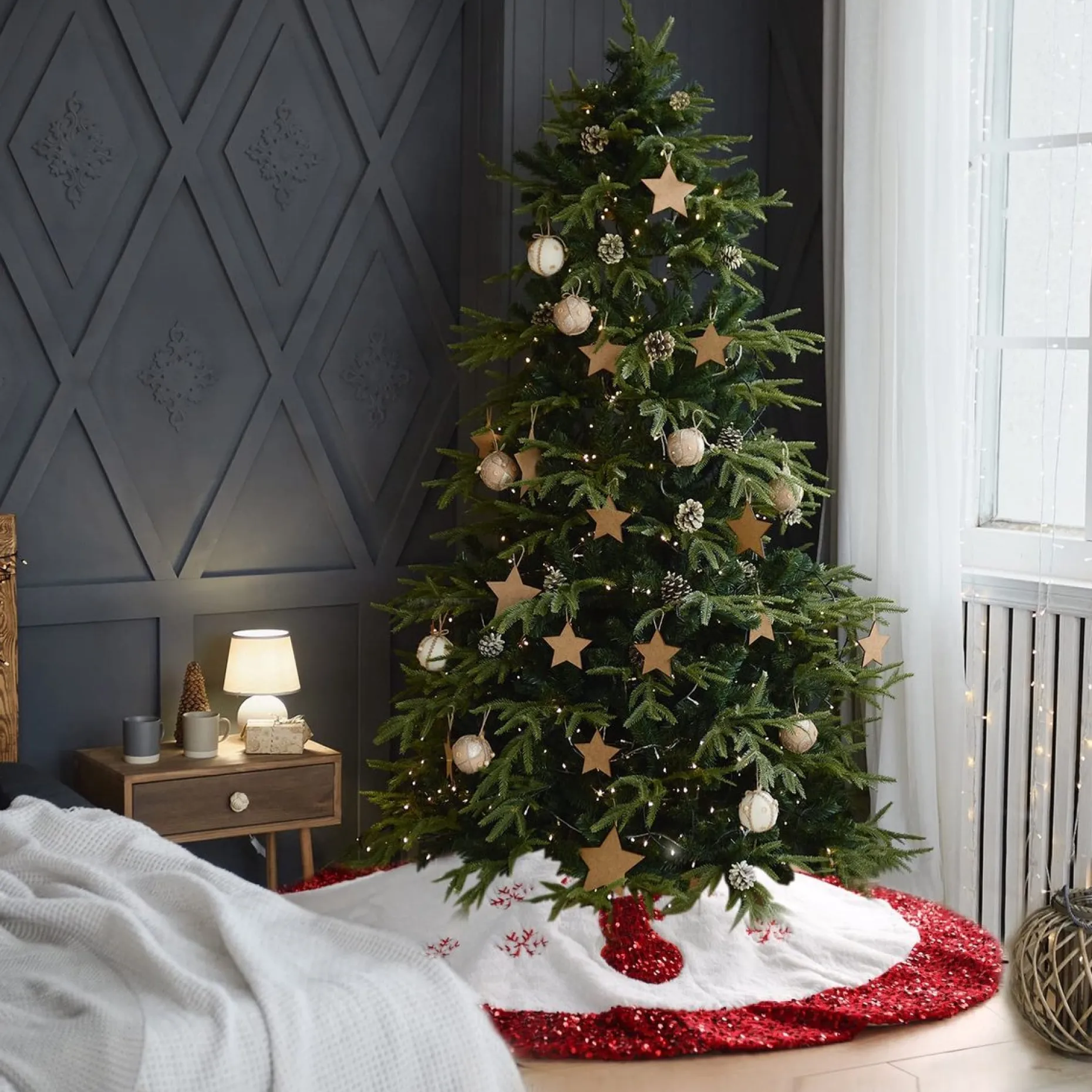 Selwo Kerstboomstandaarden^Kerstboomdeken, Kerstboomdeken, 90 Cm, Kerstboomdeken, Rond, Kunstbont Met Pailletten, Boomdeken, Kerstrok, Onderkleed, Kerstdecoratie, Voor Binnen, Wit/Rood