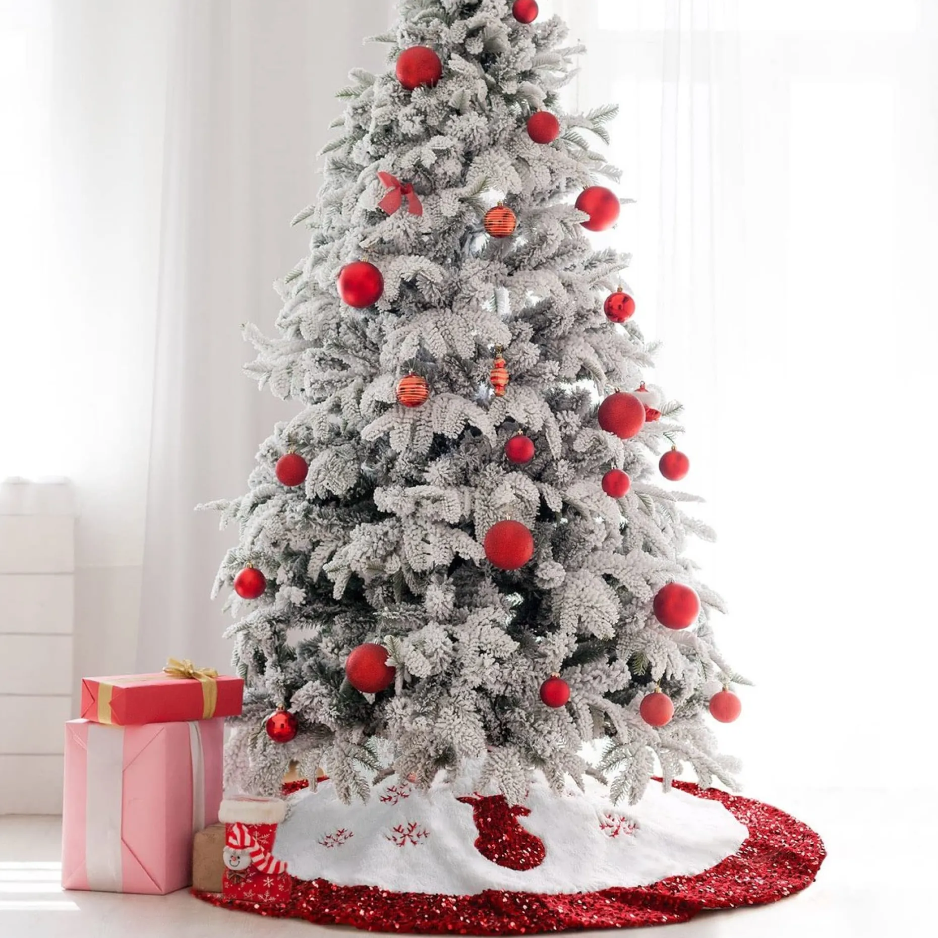 Selwo Kerstboomstandaarden^Kerstboomdeken, Kerstboomdeken, 90 Cm, Kerstboomdeken, Rond, Kunstbont Met Pailletten, Boomdeken, Kerstrok, Onderkleed, Kerstdecoratie, Voor Binnen, Wit/Rood
