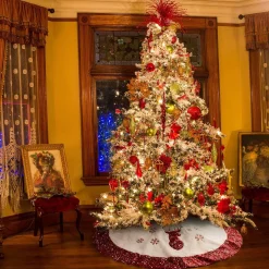 Selwo Kerstboomstandaarden^Kerstboomdeken, Kerstboomdeken, 90 Cm, Kerstboomdeken, Rond, Kunstbont Met Pailletten, Boomdeken, Kerstrok, Onderkleed, Kerstdecoratie, Voor Binnen, Wit/Rood
