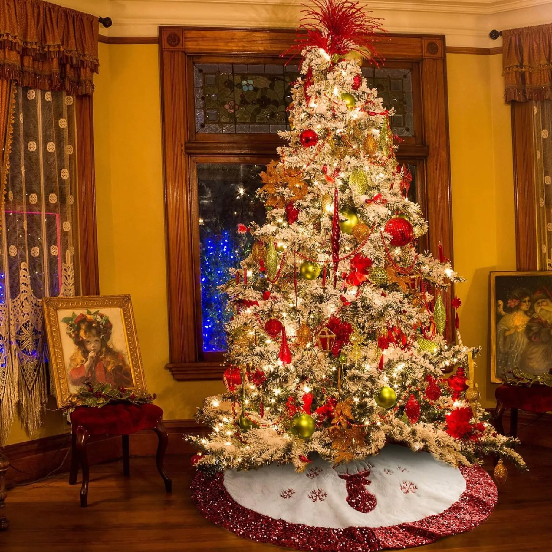 Selwo Kerstboomstandaarden^Kerstboomdeken, Kerstboomdeken, 90 Cm, Kerstboomdeken, Rond, Kunstbont Met Pailletten, Boomdeken, Kerstrok, Onderkleed, Kerstdecoratie, Voor Binnen, Wit/Rood