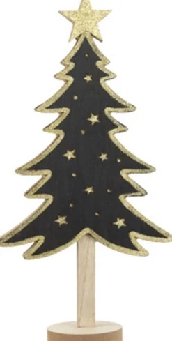 Merkloos Decoratieve Kerstbomen^Kerstboom Op Voet - Wol - Hout - Zwart - Goud - Groot - Kerstversiering - Tafeldecoratie