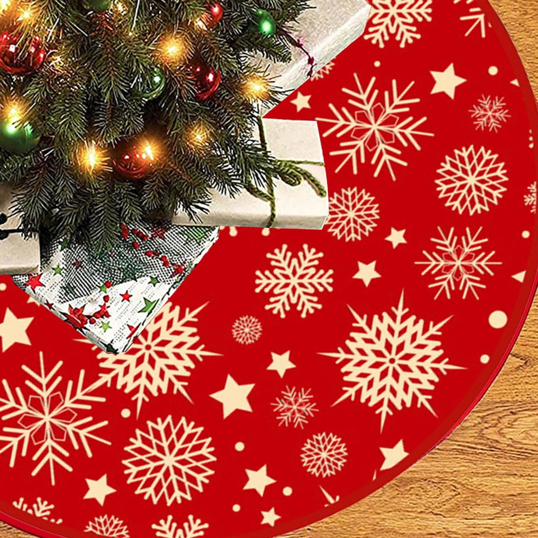 BTH Kerstboomstandaarden^Kerstboomrok Kerstkleed Kerstboomkleed Kerst Versiering Decoratie Kerstrok Kleed Vloerkleed Sneeuw 90Cm – 1 Stuk Rood, Sneeuwvlok