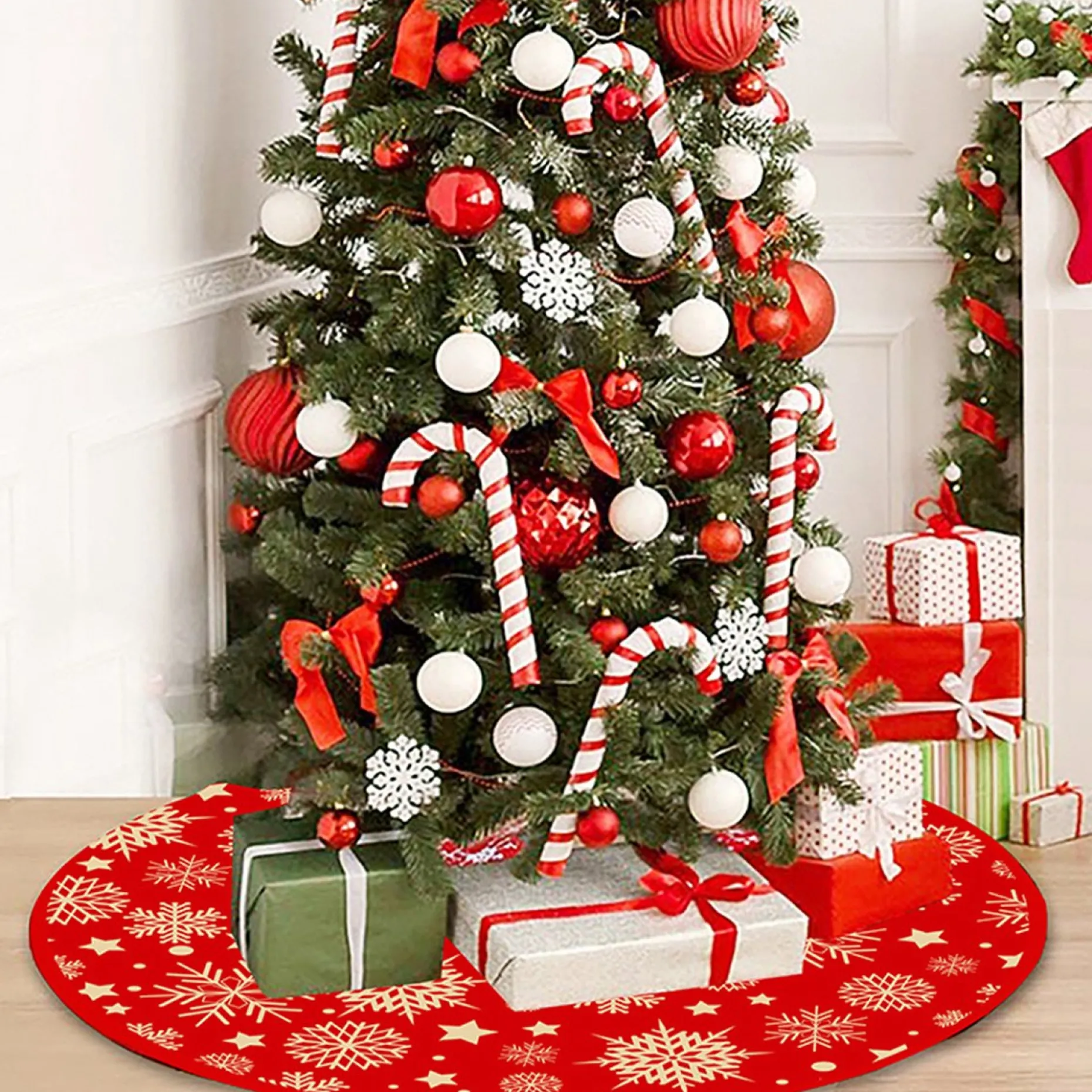 BTH Kerstboomstandaarden^Kerstboomrok Kerstkleed Kerstboomkleed Kerst Versiering Decoratie Kerstrok Kleed Vloerkleed Sneeuw 90Cm – 1 Stuk Rood, Sneeuwvlok