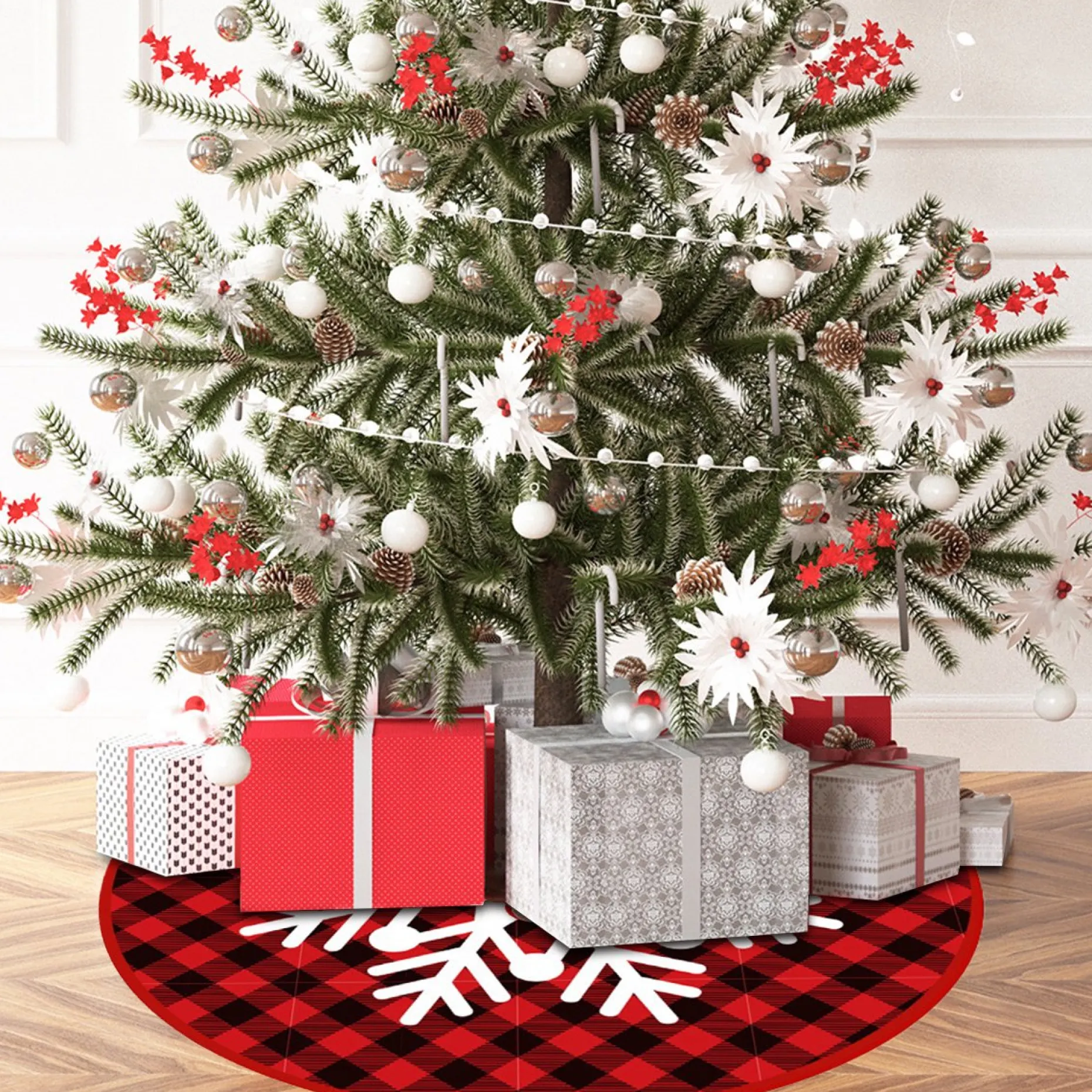 BTH Kerstboomstandaarden^Kerstboomrok Kerstkleed Kerstboomkleed Kerstversiering Kerstdecoratie Kleed Kerst Decoratie Rood Zwart - 90Cm Rood, Groen, Sneeuwvlok