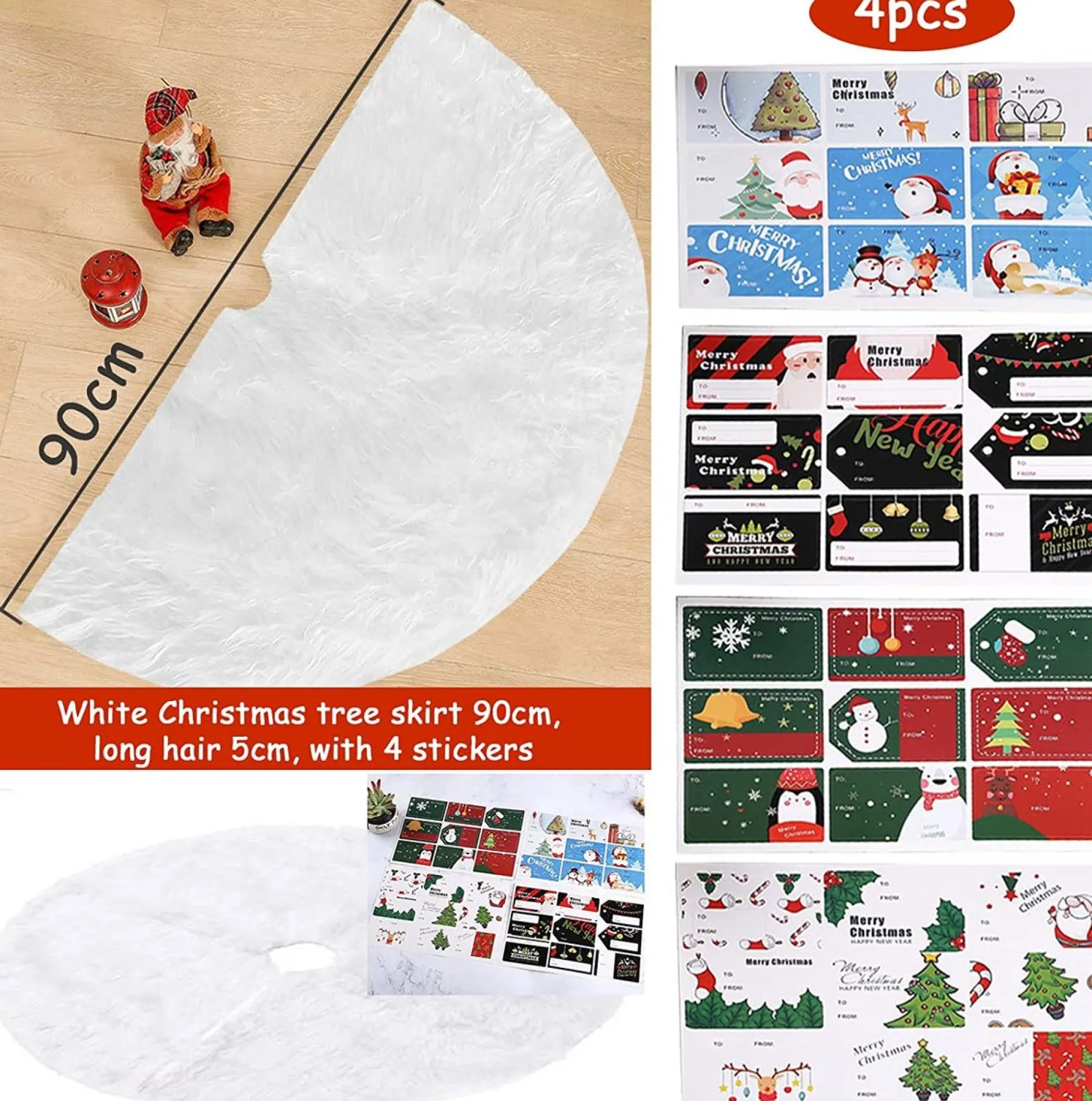 Selwo Kerstboomstandaarden^Kerstboomrok, Witte Boomrok Met 36 Stuks Geschenkstickers, Wit, Boomdeken, Kerstboomdeken, Kerstboomstandaard, Tapijt, Deken, Kerstdecoratie, Kerstboom, Rok (Wit, 90 Cm)
