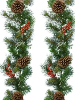 Decoris Kerst Dennenslinger Guirlande Groen Met Sneeuw En Decoratie 270 Cm - Kerstslingers Met Versiering - Guirlandes Kerstversiering Fashion