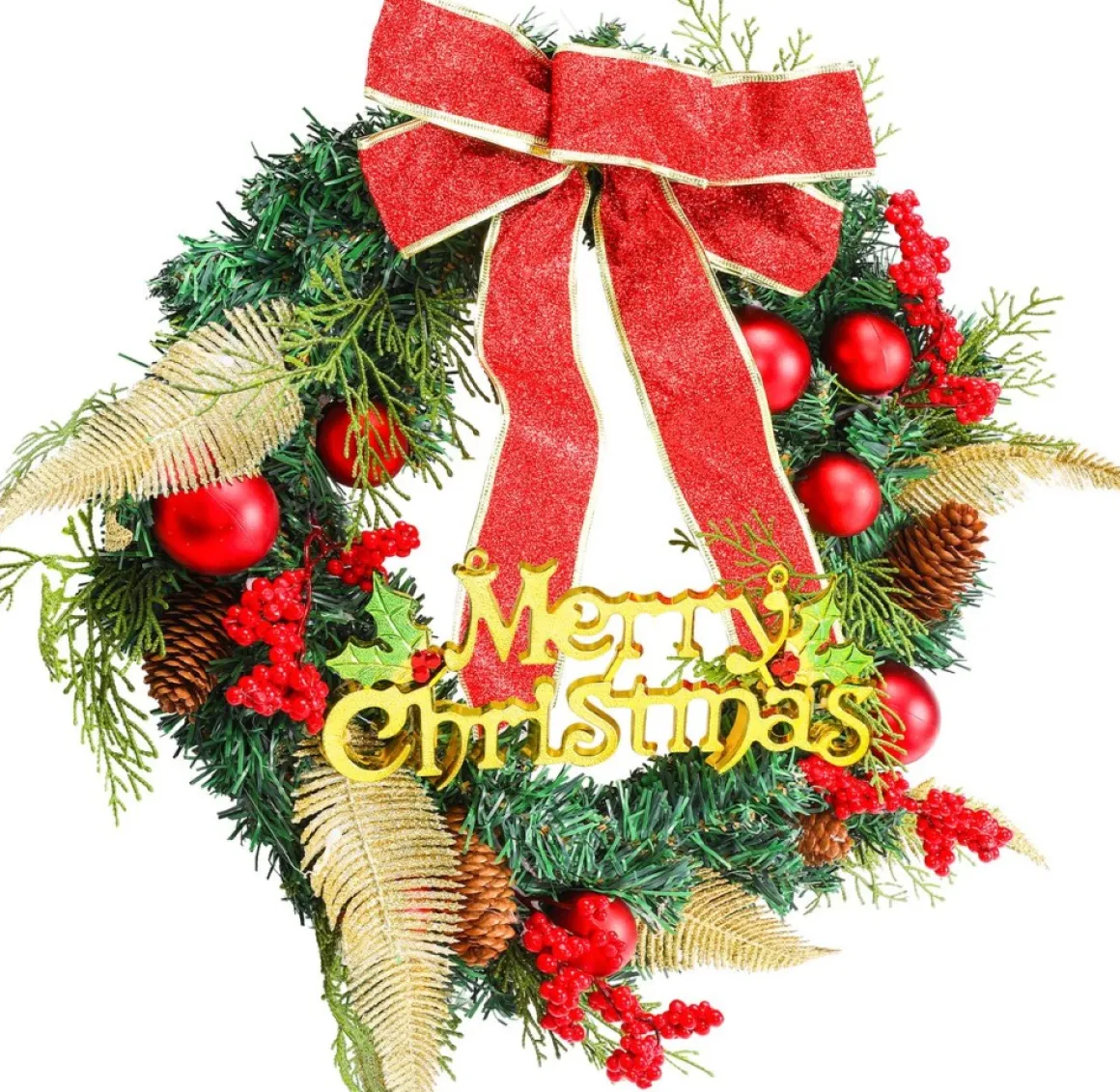 Merkloos Kerstkrans 45Cm 50 Led Verlichting - Kerstballen Met Rood En Bruinelint Kerstdecoratie Kerstmis Kunststof New